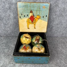 Hand Painted Nativity Ornaments Paper Mache Christmas India In Wood Box 4 Set