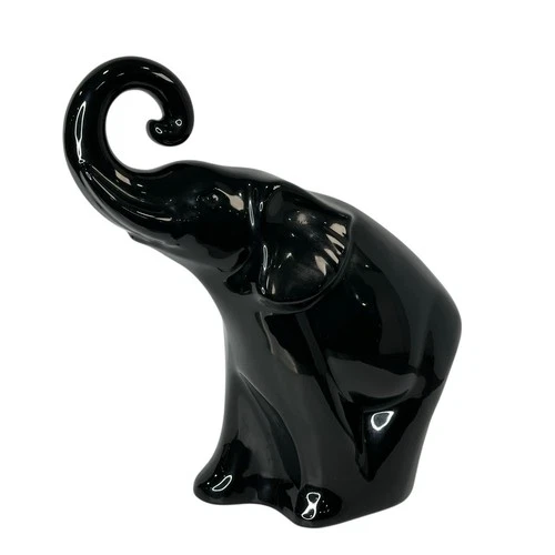 Haeger Large Ceramic Trunk Up Elephant #450 Shiny Black Vintage 16”