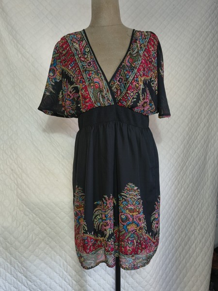 Jay Jays Boho Hippy Y2K Black Floral Babydoll Dress size 10