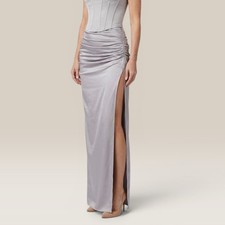 House of CB Jia Silver Satin Ruched Maxi Skirt XS NWT Thigh Slit