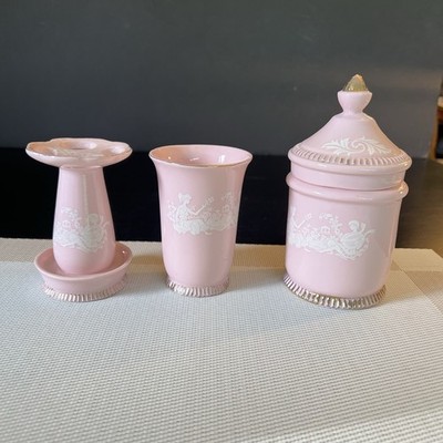 Vintage Pink Ceramic Bathroom Set | Young Love Scene | Toothbrush Cup Jar & Lid