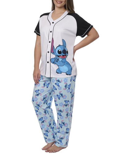 Women's Plus Stitch Baseball Jersey Shirt and Lounge Pants 2-Piece Set Disney