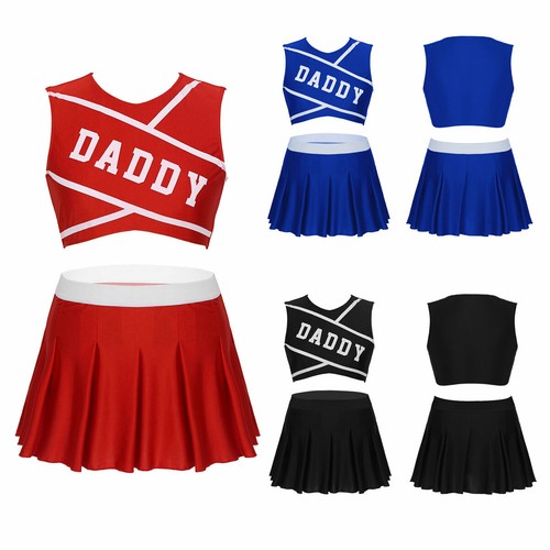 iEFiEL Damen Cheerleaderin Kostüm Uniform Daddy Bedruckt Crop Top und Faltenrock - Afbeelding 1 van 44