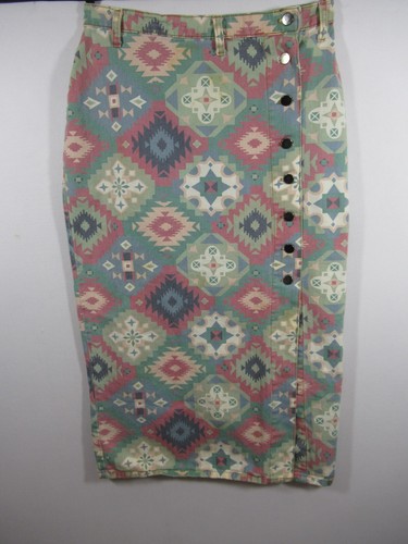 Vintage 80s Aztec Southwestern Print Long Denim Skirt Stefano Junior Size 13 - 第 1/11 張圖片