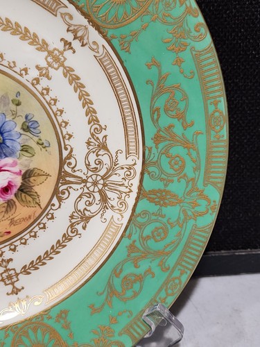 Royal Worcester Hand Painted Floral SIGNED Gold Encrusted Green Cabinet Plate - Picture 5 of 9