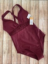 Kona Sol Macrame Medium Coverage One Piece Swimsuit Small Burgundy