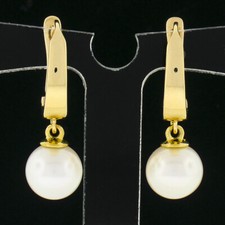 New 14k Yellow Gold Plain Huggies Earrings w/ 7.8mm White Bead Pearl Drop Dangle