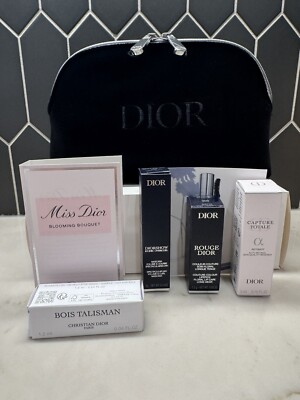 DIOR Black Makeup Pouch + 5 PC Makeup, Fragrance & Skincare Gift Set