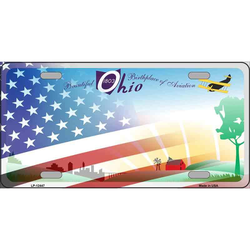 Ohio with American Flag Novelty Metal License Plate Tag LP