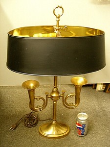Rare Vintage 1950 S Brass French Horn Bouillotte Table Lamp Metal Shade Gold Rare Vintage 1950 S Brass French Horn, Brass Lamp With Black Metal Shade