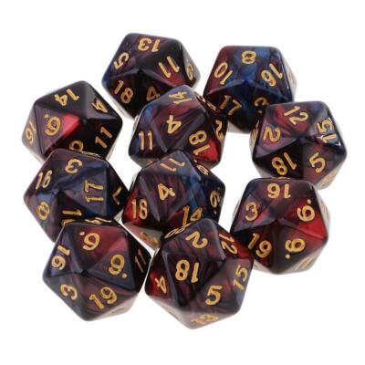 10Pcs Dark 20 Sided D20 Dice für RPG TRPG Party Brettspiele, Blue Mixing Red