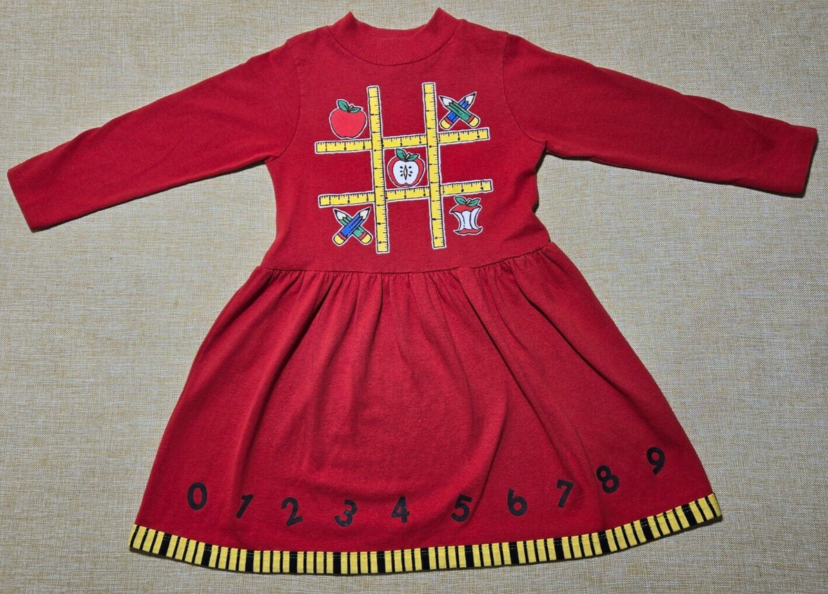 Buster Brown Dress Girls 5 Red Long Sleeve Crew Neck Graphics Print Made in  USA