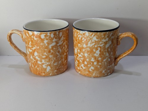 Stangl Pottery Small Town & Country Soup Mugs 1970's Orange Spongeware Vtg 2pc