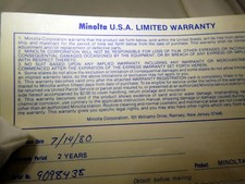 Minolta USA Limited Warranty card EN vintage XG-9 camera 1980