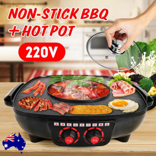 2in1 Electric Non-Stick Korean BBQ Plate Hot Pot Pan Shabu Grill Barbecue Frying - Picture 1 of 12