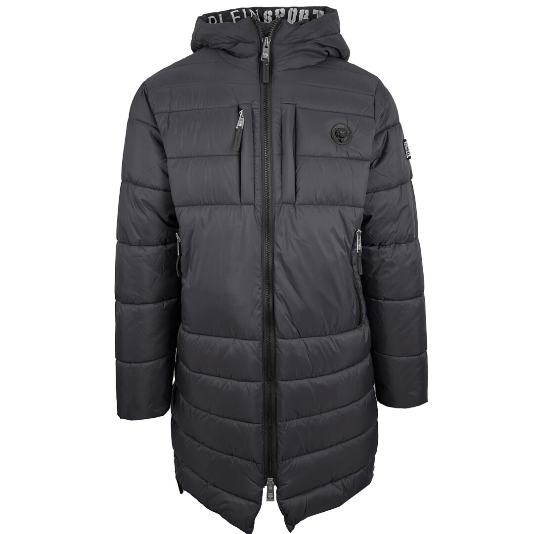 Длинная куртка серого цвета с небольшим круглым логотипом Plein Sport на подкладке