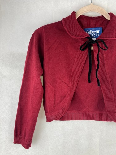 Collectif Bolero Cardigan UK 10 S 3/4 Sleeve Cotton Burgundy Red Tie Hook - Picture 4 of 10