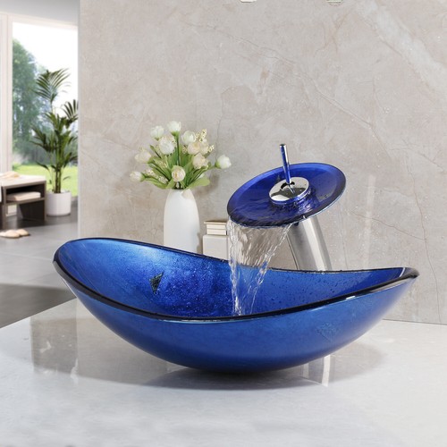 US Bathroom Vessel Sink Deck Mounted Bule Oval Basin Bowl Chrome Brass Mixer Tap - Picture 7 of 8
