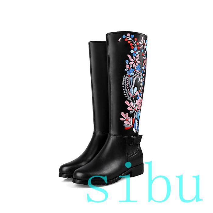 Black Ethnic women's embroider floral floral floral flat knee high boots buckle casual leather 343872 Black Ethnic women's embroider floral floral floral flat knee high boots buckle casual leather 343872