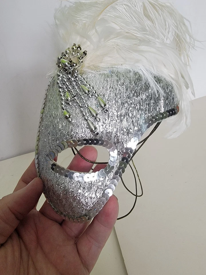 Mardi Gras Mask 1/2 Face Silver/White Lame" Fabric Feathers Sequin & Bead Trim - Image 3 of 4