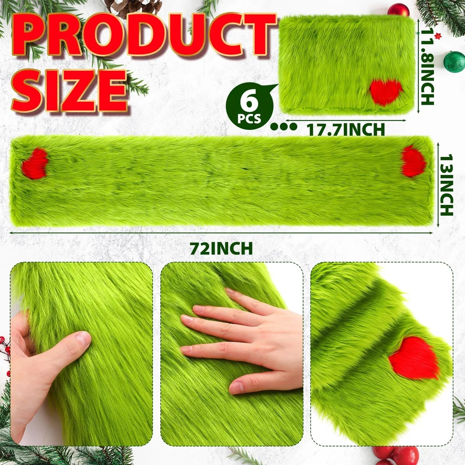 7 Pcs Christmas Lime Green Faux Fur Table Runner and Placemat Set 72 x 13 Inc... - Image 2 of 4