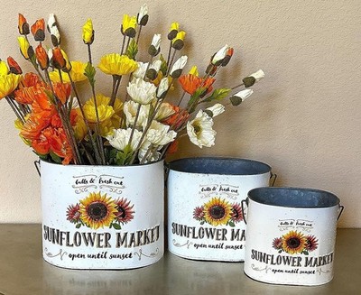S/3 Sunflower Design Large Decorative Metal Buckets Bins Farmhouse Country Ru...
