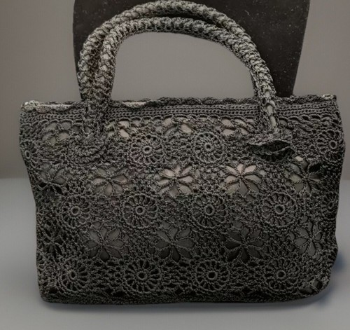 VERY NICE- CROSSBODY/TOP HANDLE PURSE, 100% RAYON, BLACK WITH CROCHET FLOWERS