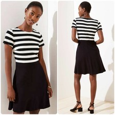 Loft Striped Fit and Flare Knit Dress Black White Size 8