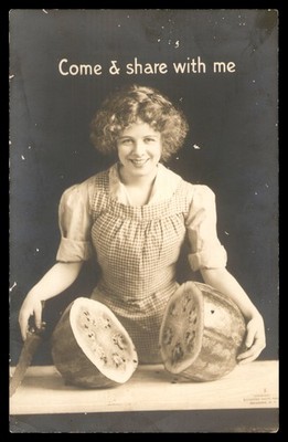 Postcard RPPC Woman, Watermelon, Come Share with Me