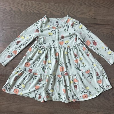 Tea Collection Dress Girls Sz 7 Light Green Poppy Floral Long Sleeves tiered