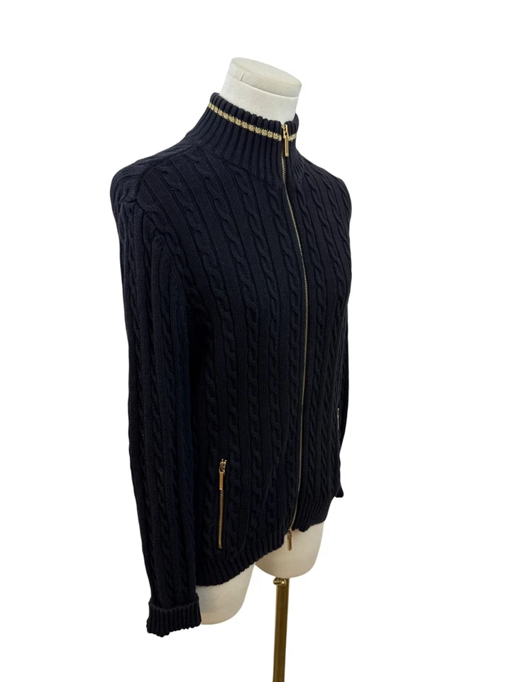 Cárdigan Suéter Ralph Lauren Petite Azul Marino Tejido con Cable Cremallera Completa Acentos Dorados Talla M Foto 2 de 4