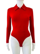 Vintage 90s Dimani Viscose Spandex Bodysuit Zip Up Red Long Sleeve Collared Chic