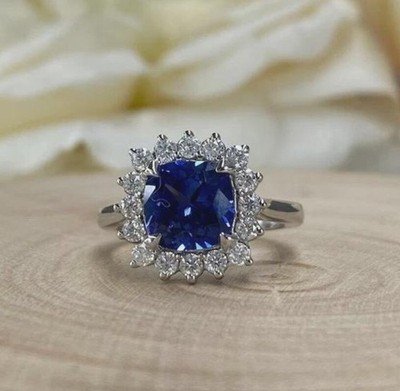 3CT Cushion Natural Sapphire/Diamond Halo Ring For Mom Present Gift 14k Gold