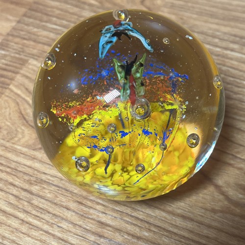 Large Art Glass Paperweight- Butterflies, Bubbles And Floral Explosion 3.5 inch