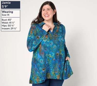 Attitudes by Renee Regular Yummy Jersey Top with Pockets Peacock Size S A670838