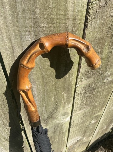 St Michael Vintage Umbrella Black Mid Century Bamboo Crook Handle - Picture 6 of 23