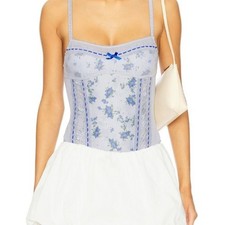 Vintage Floral Lace Mesh Bodysuit Blue Ribbon Trim Size: XS/S