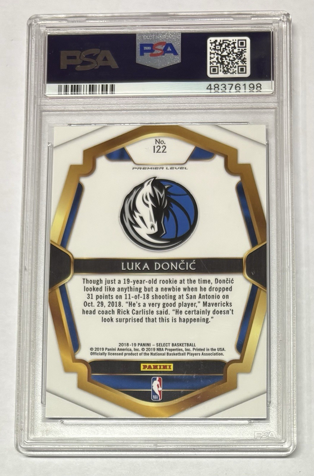 2018-19 Select Premier Level 122 Luka Doncic Dallas Mavericks RC Rookie PSA 9 view 2