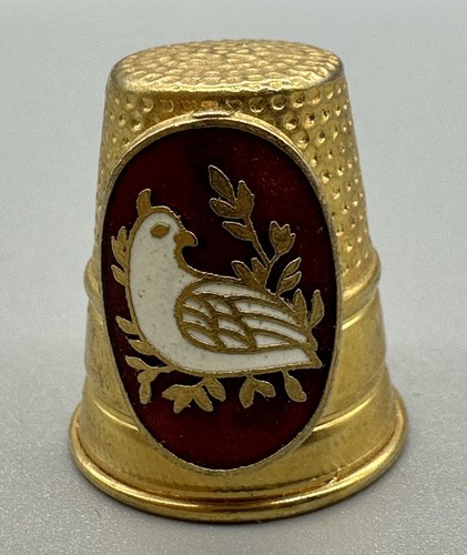 Gold Tone Sewing Thimble w/ Red Enamel Oval Bird Motif Design by Vernon