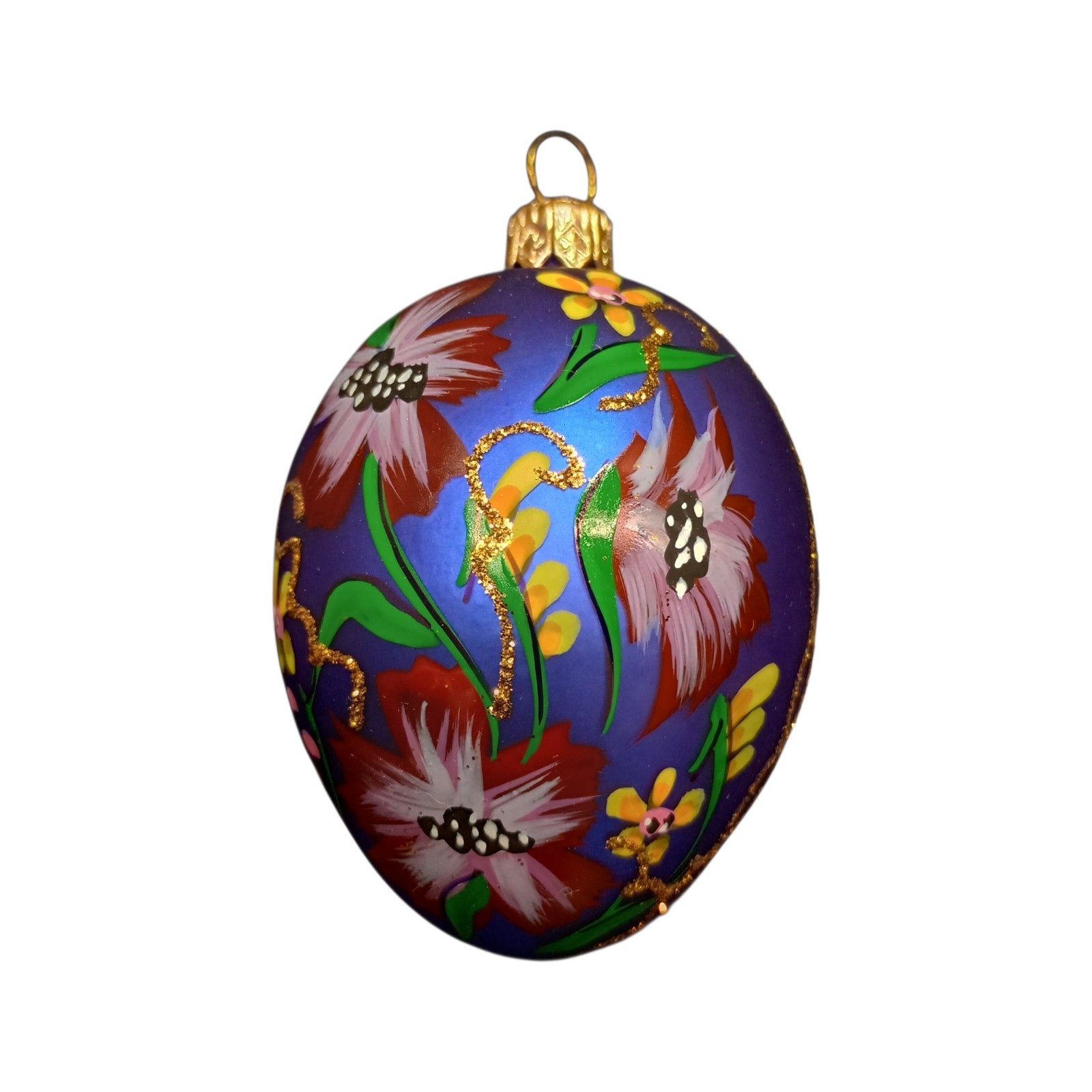 Vintage Impuls Mouth Blown Hand Painted Blue Glass Egg Christmas Ornament Poland