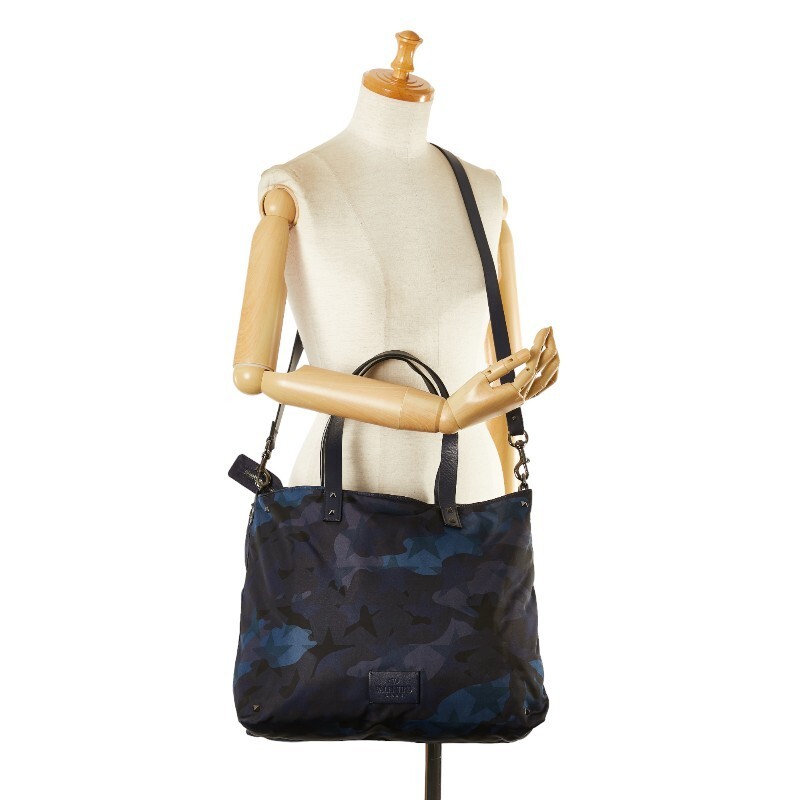Valentino Camouflage Studded Nylon Tote Shoulder Bag Navy Blue Multicolor Used thumbnail 10