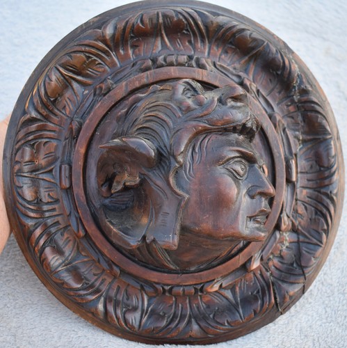 Vintage Black Forest Carved Wood Native American Warrior  Wall Plaque c.1880's