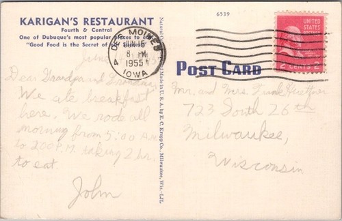 DUBUQUE, Iowa Postcard KARIGAN'S RESTAURANT 2 Views / Kropp Linen / 1955 Cancel - Picture 2 of 2