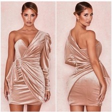 HOUSE OF CB Tamara One Shoulder Velvet Mini Dress - Nude Size L NEW