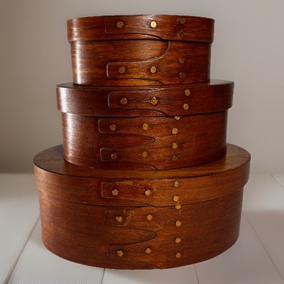 Oval Nesting Shaker Boxes Cherry Wood, Copper Rivets 3 Finger Stack, Set of 3