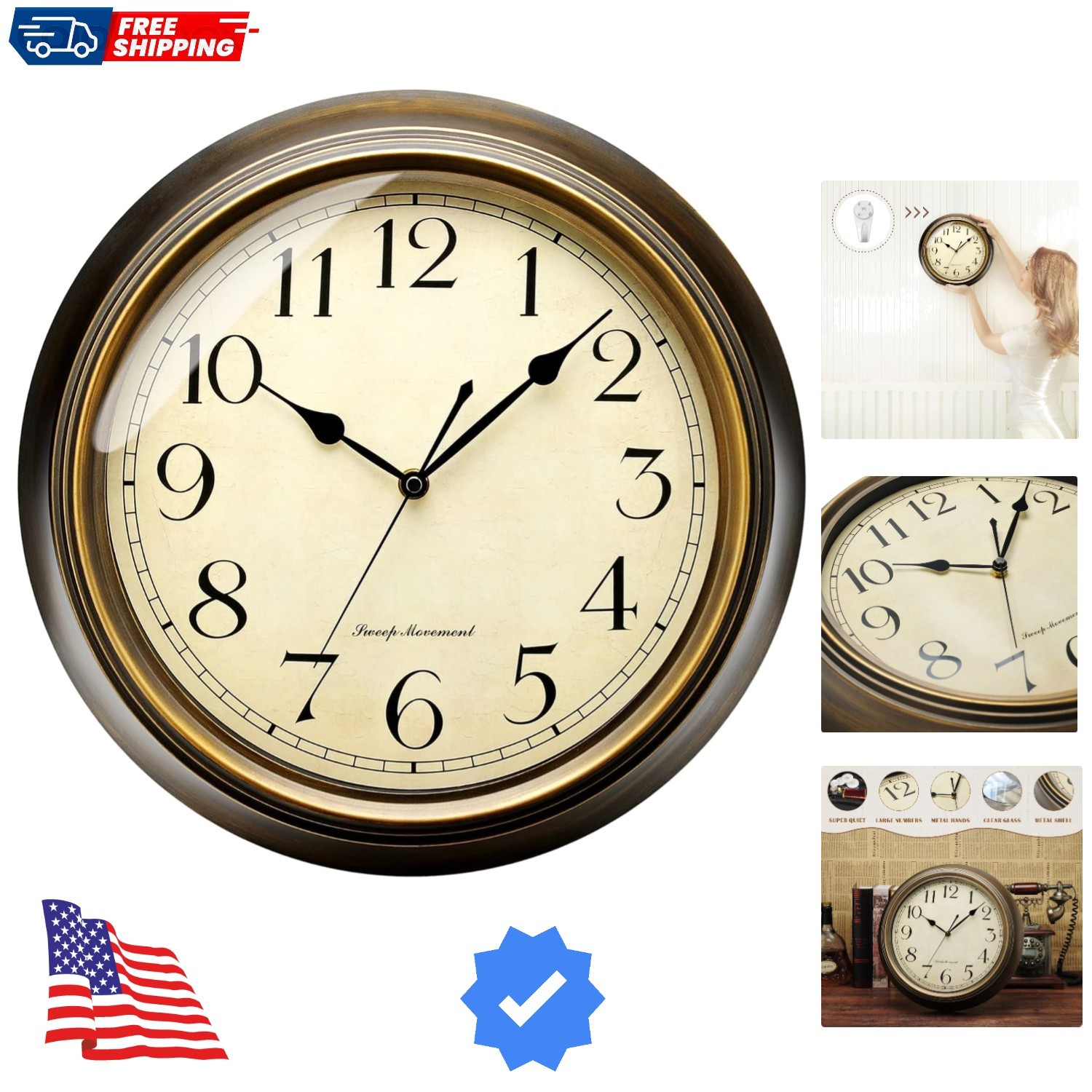 Metal Wall Clock, 13'' Non Ticking Classic Silent Iron Wall Clocks Decorative