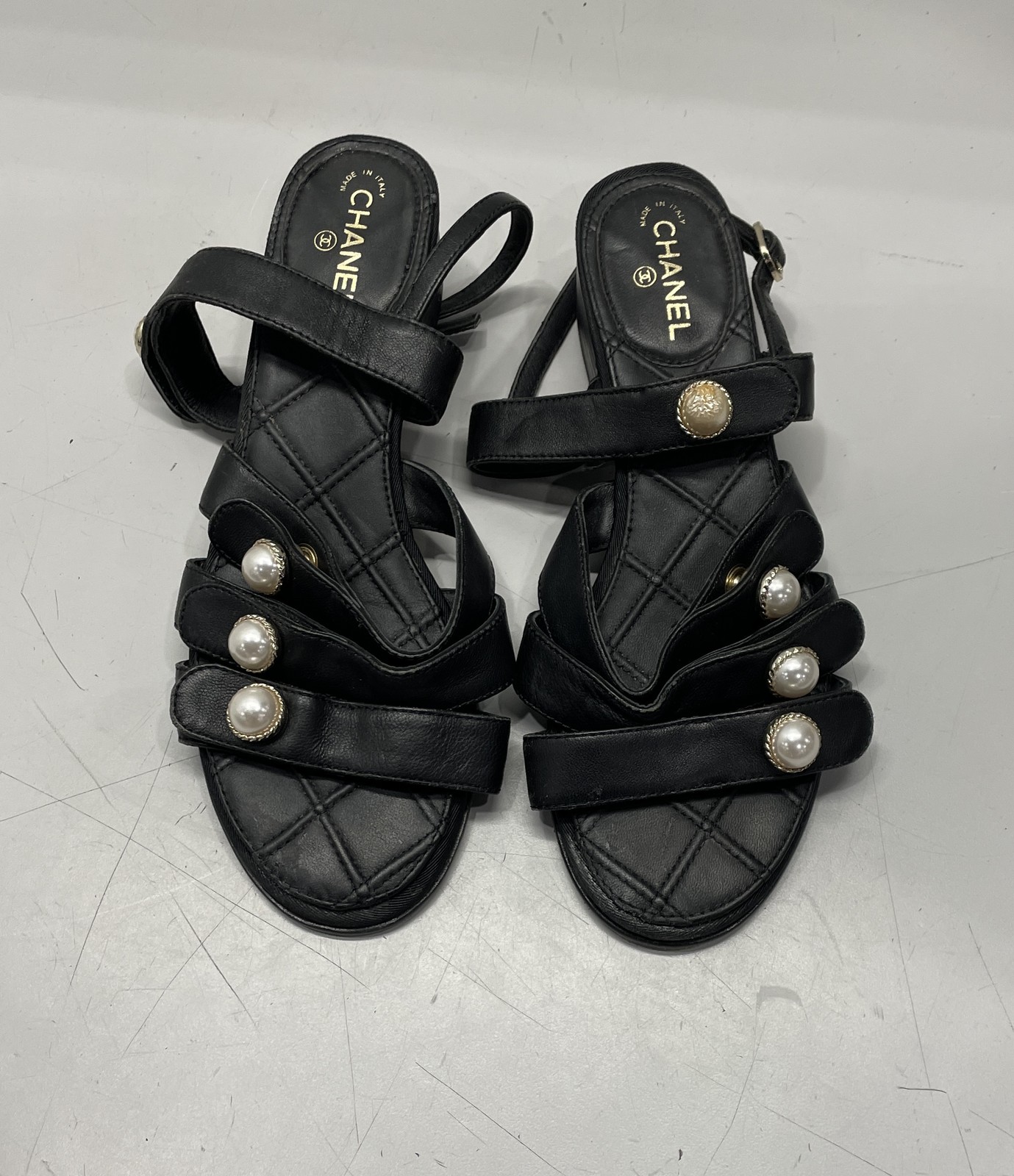 Chanel Heeled Sandals With Ankle Straps And Pearls Women's Size 6
