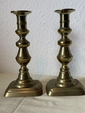 Pair Of Antique Rectangular Base Brass Push Up Candlesticks 8” / 20cm - Patina