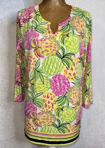 Neu ohne Etikett Pappagallo Resort Wear Bluse Medium Ananas pink grün gelb - Bild 1 von 10