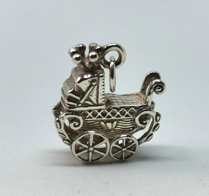 VINTAGE, SILVER CHARM / PENDANT, ROYAL BABY IN A PRAM, BY CRESCENT SILVER